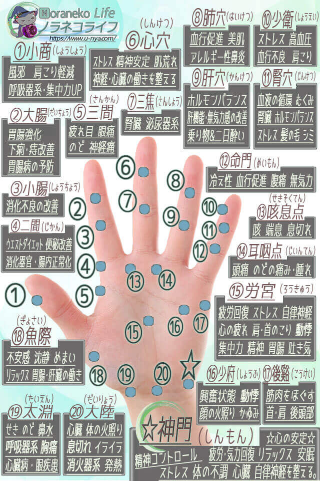 手のひら ツボマッサージ図解 健康に役立つ効果 21のポイント ノラネコライフ